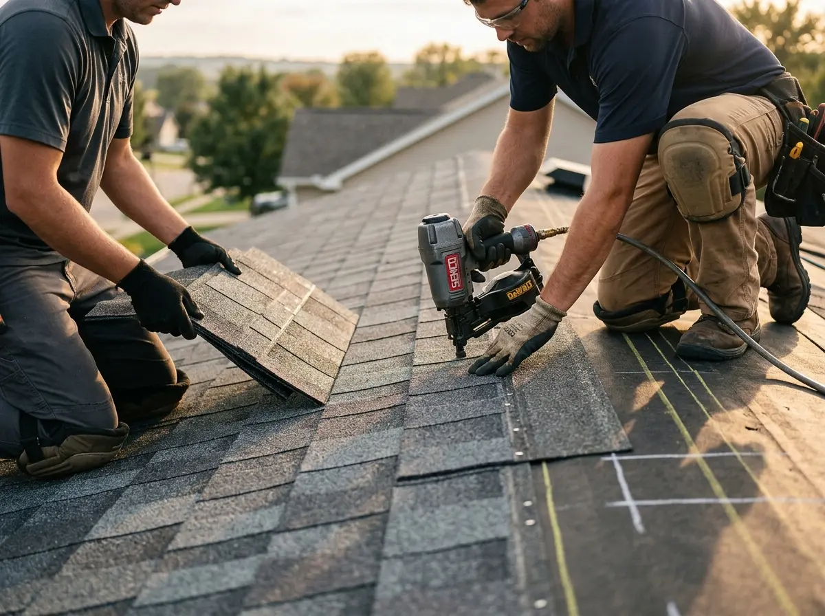 Professional roofer working on a residential roof in Lower Gwynedd